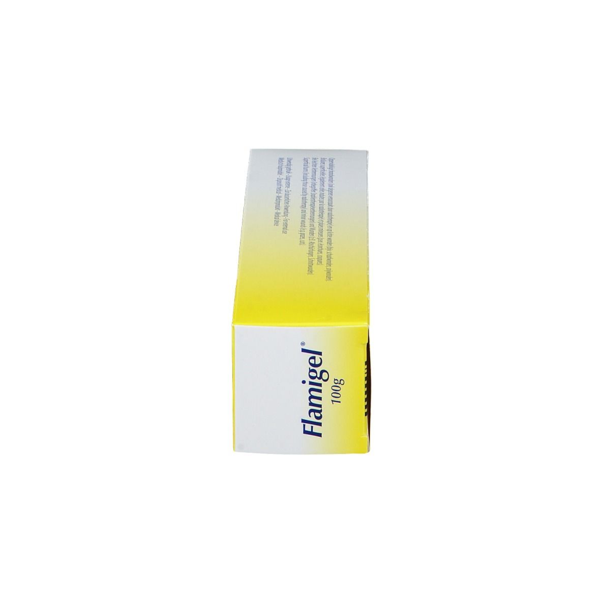 Seitenansicht einer Flamigel 100g Faltschachtel mit Text.