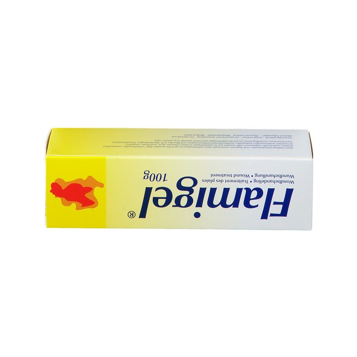 Unterseite einer Flamigel 100g Faltschachtel mit Text.