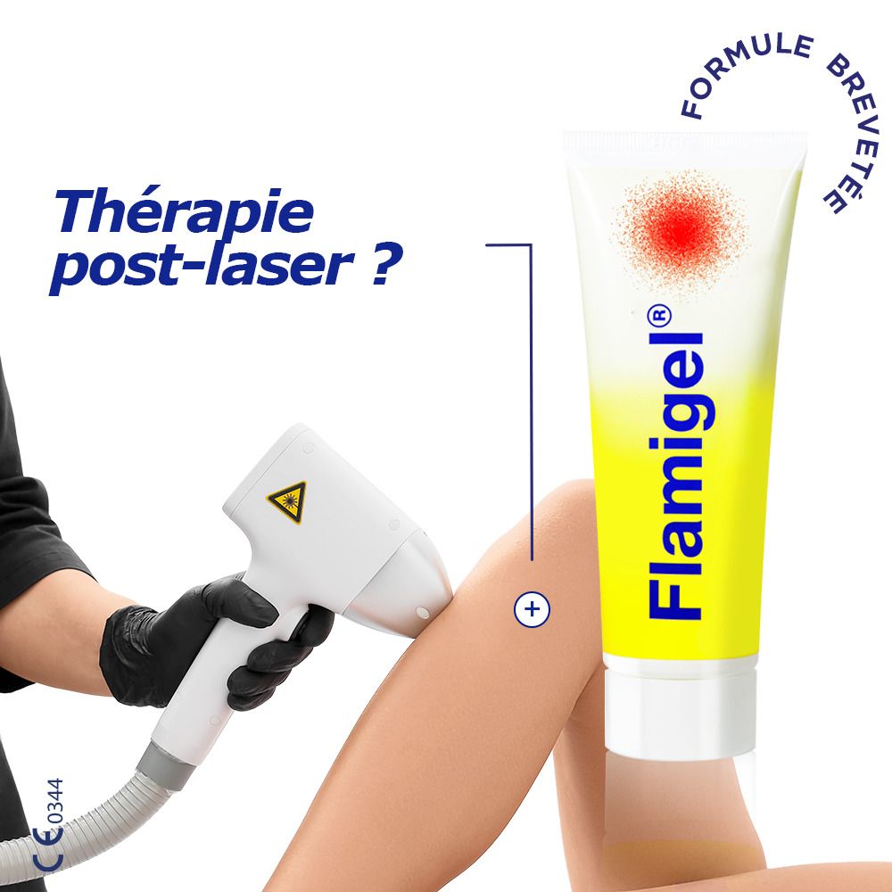 Tube de gel Flamigel®. Tube avec fond jaune et point rouge. Question: Thérapie post-laser ?