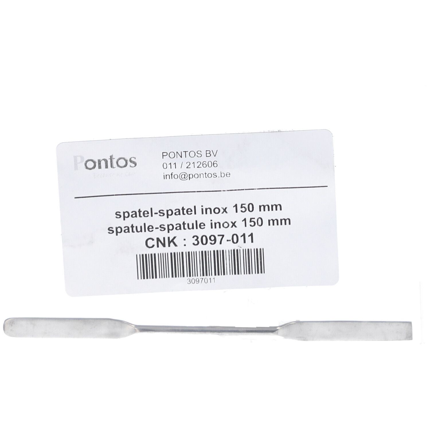 Edelstahlspatel mit rechteckigen Enden und Etikett. Etikett mit Produktinformationen und Barcode.