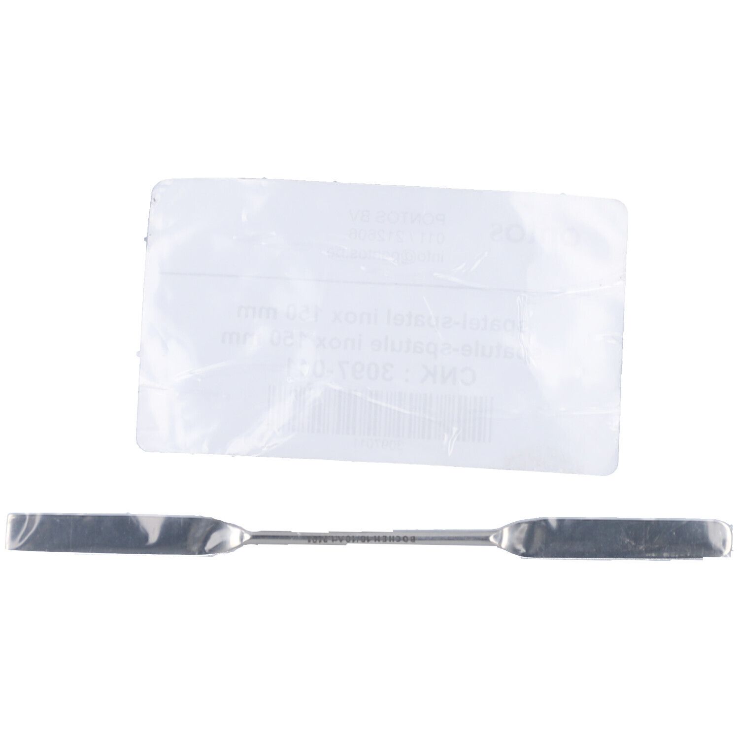 Edelstahlspatel in transparenter Verpackung. Spatel mit rechteckigen Enden.