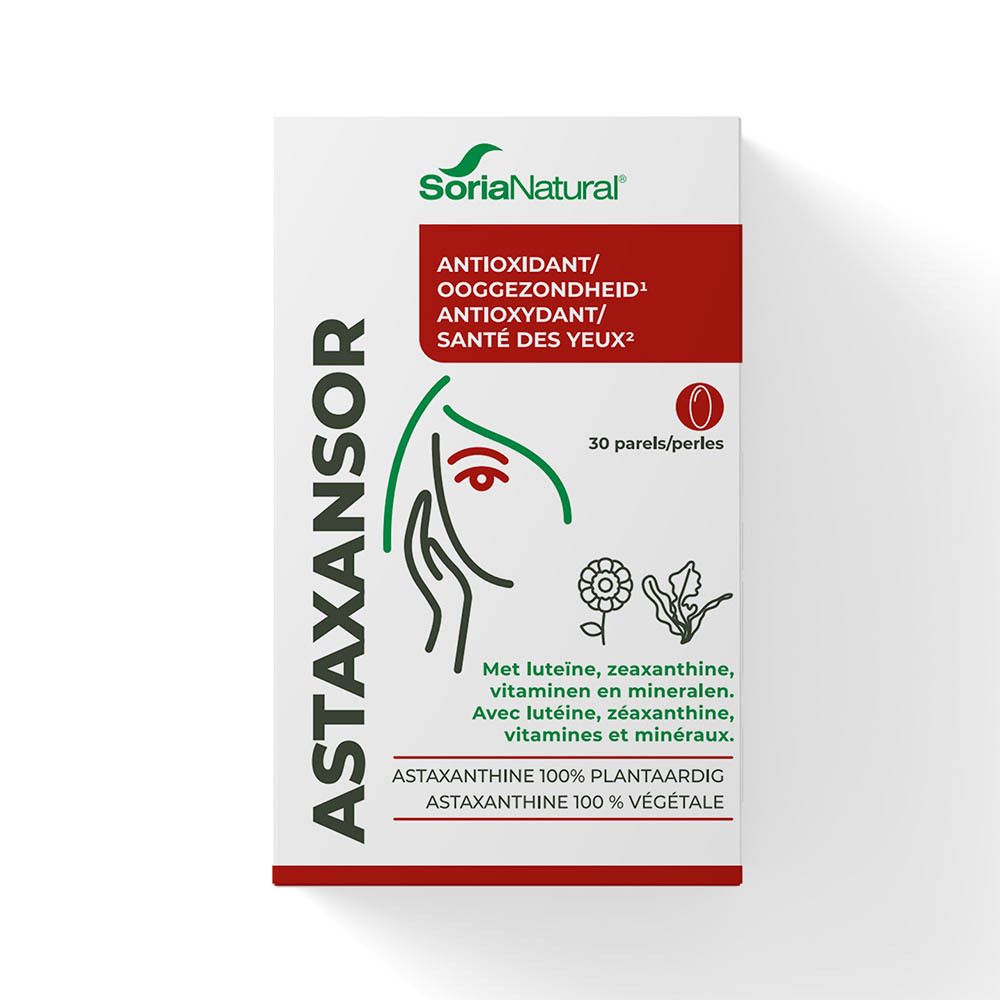 Verpackung Astaxansor mit 30 Perlen, SoriaNatural Marke, Antioxidans für die Augen.