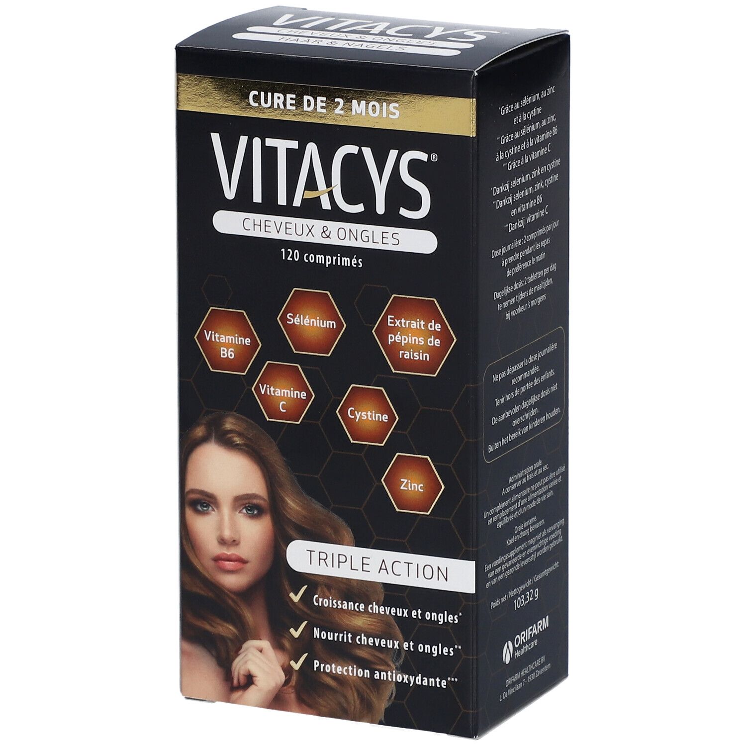 Schachtel mit Vitacys Tabletten für Haare und Nägel. Enthält 120 Tabletten. Auf der Verpackung sind Inhaltsstoffe und eine Frau mit langen Haaren abgebildet.