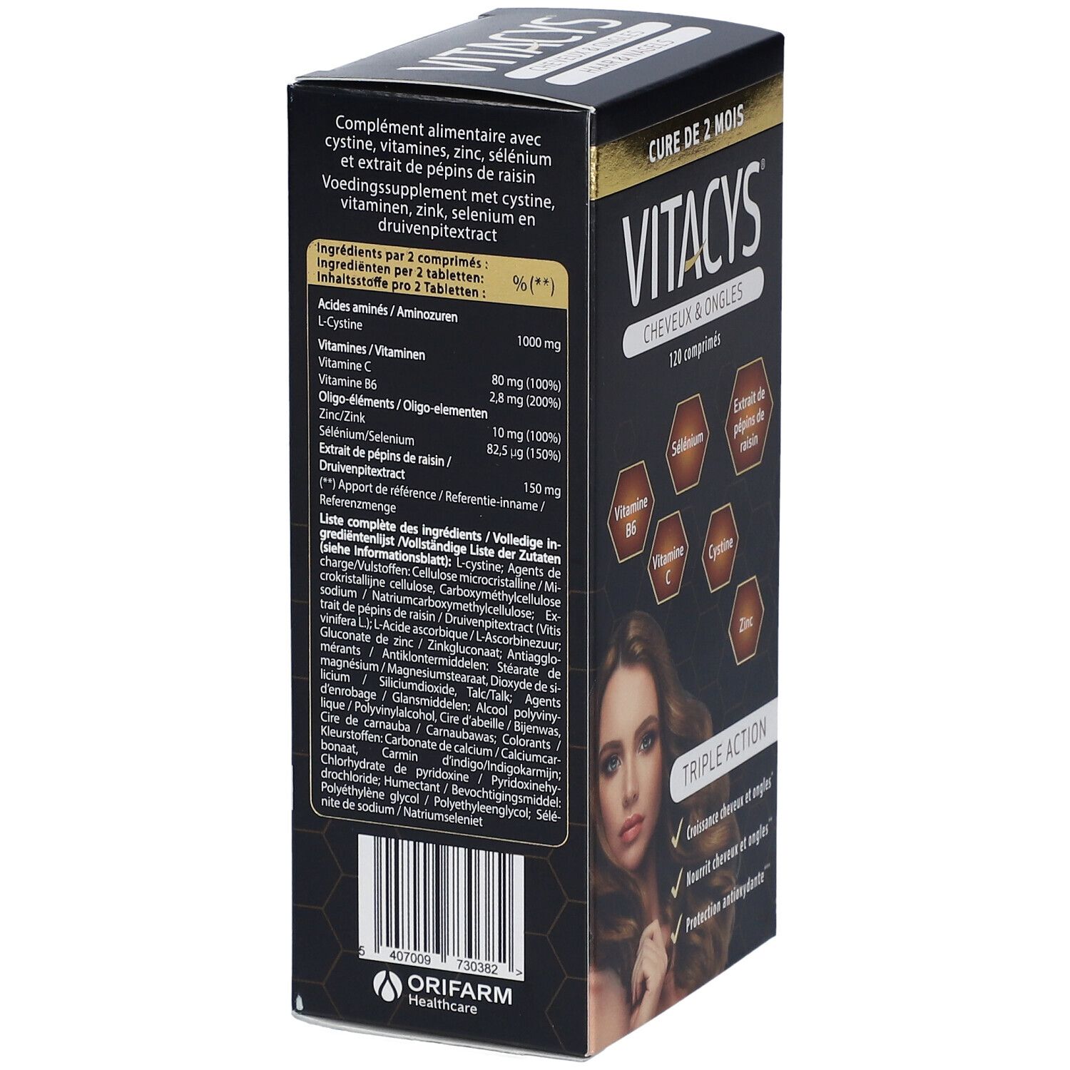 Rückseite der Vitacys-Verpackung. Enthält Informationen zu Inhaltsstoffen, Nährwerten und Hersteller. Abgebildet ist eine Frau mit langen Haaren.