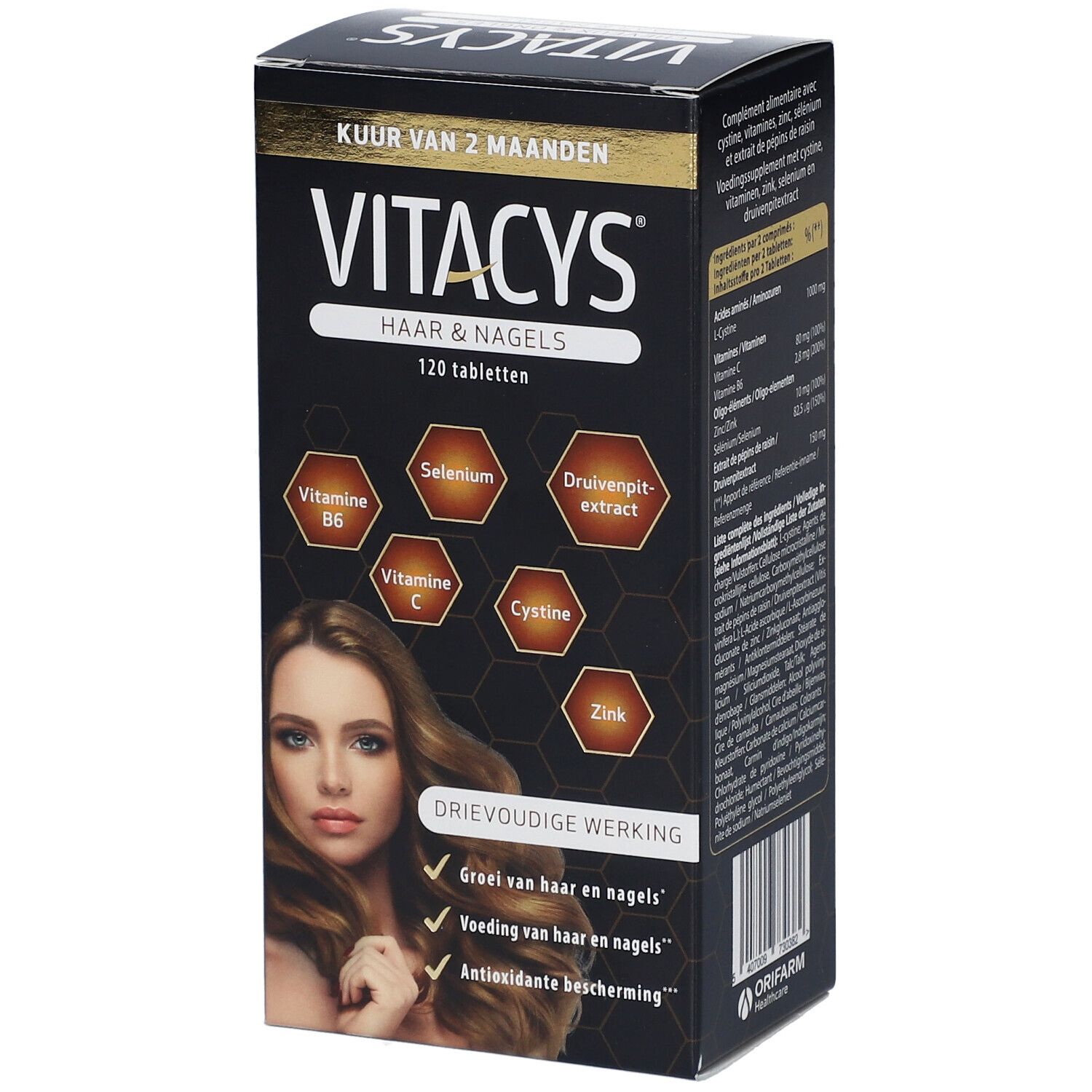 Vitacys-Verpackung mit der Aufschrift 'Haar & Nägel'. Enthält 120 Tabletten. Auf der Verpackung sind Inhaltsstoffe und eine Frau mit langen Haaren abgebildet.