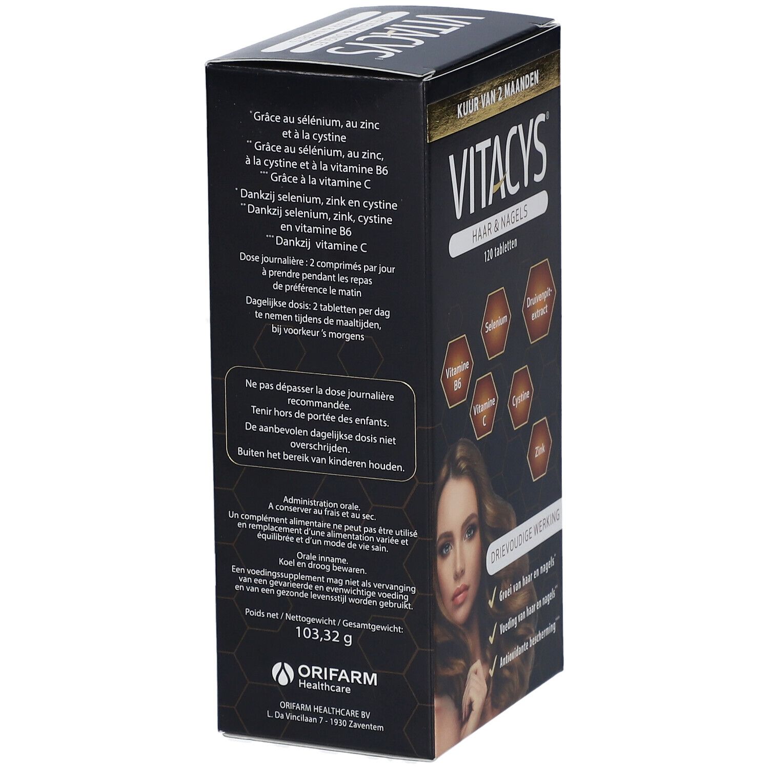 Rückseite der Vitacys-Verpackung. Enthält Informationen zu Inhaltsstoffen und Dosierung. Abgebildet ist eine Frau mit langen Haaren.