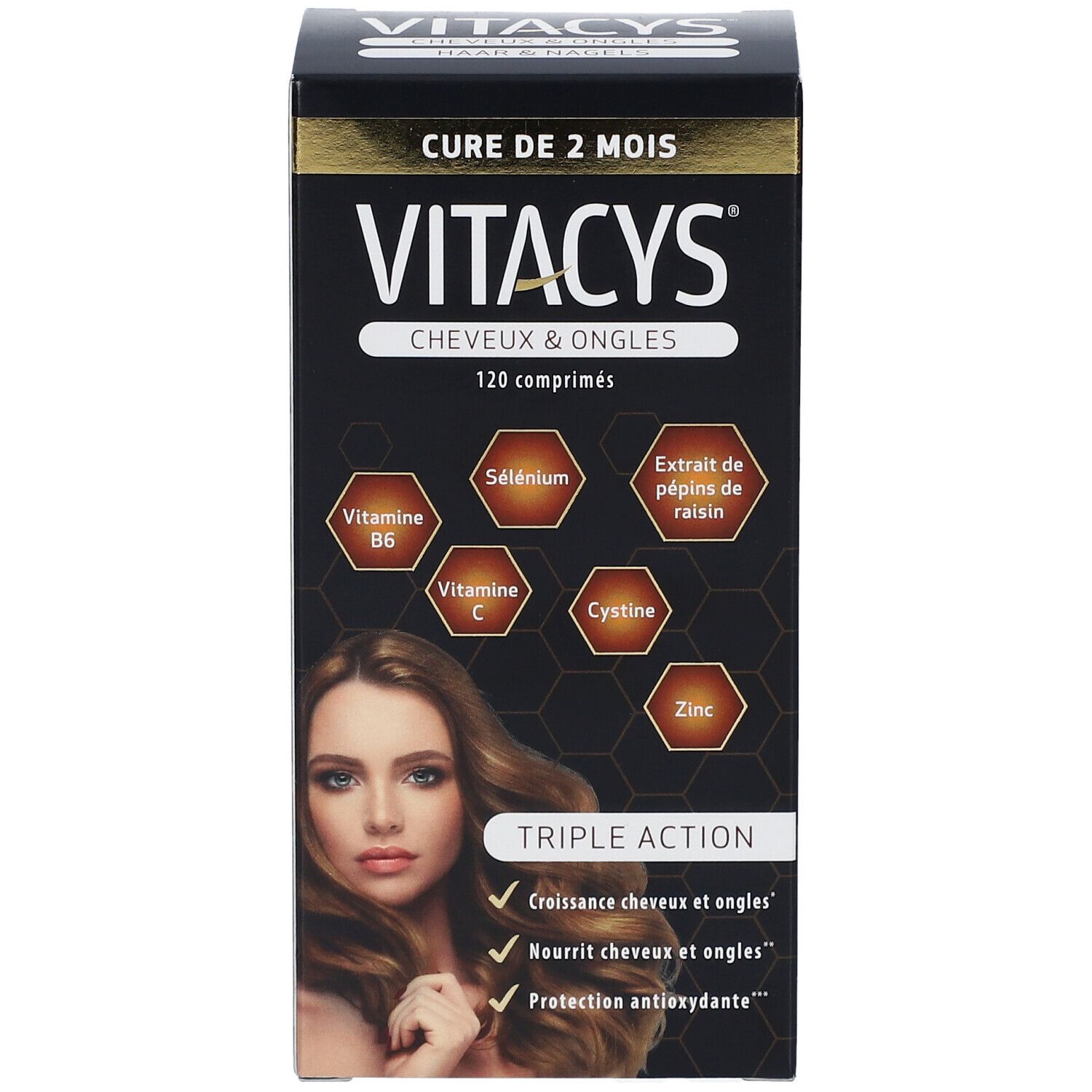Vitacys-Verpackung mit der Aufschrift 'Cheveux & Ongles'. Enthält 120 Tabletten. Auf der Verpackung sind Inhaltsstoffe und eine Frau mit langen Haaren abgebildet.