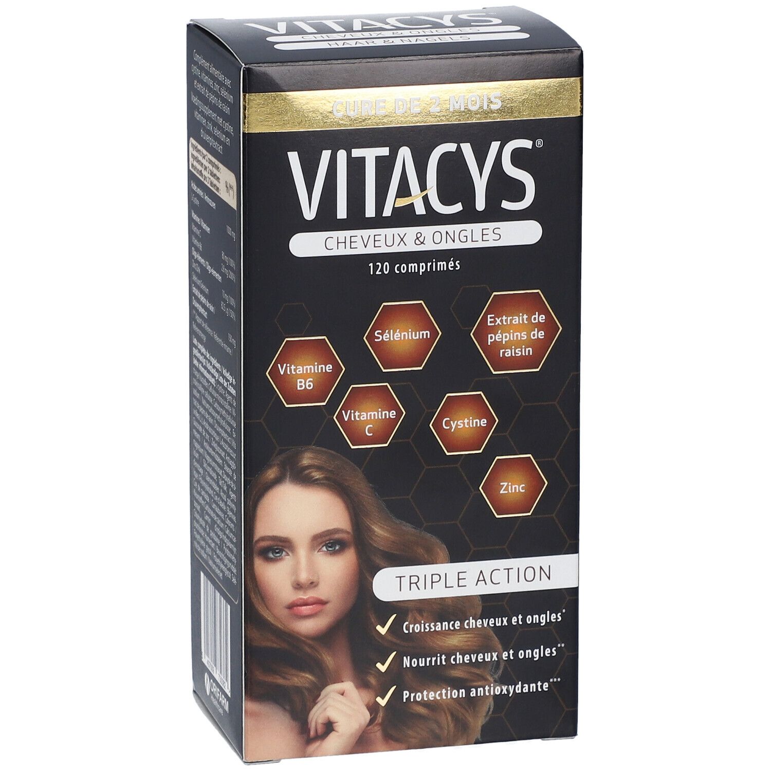 Vitacys-Verpackung mit der Aufschrift 'Cheveux & Ongles'. Enthält 120 Tabletten. Auf der Verpackung sind Inhaltsstoffe und eine Frau mit langen Haaren abgebildet.