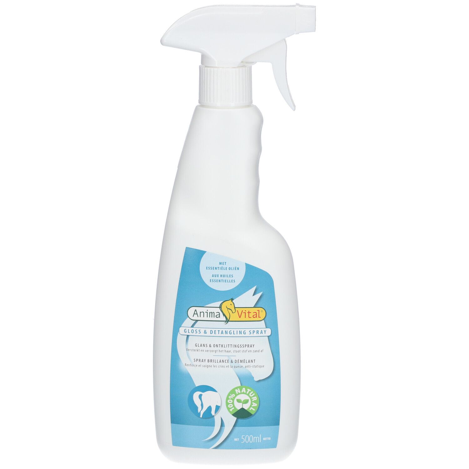 Weiße Sprühflasche mit blauem Etikett. Aufschrift: Anima Vital, Glanz & Démêlant Spray. Mit Sprühkopf.