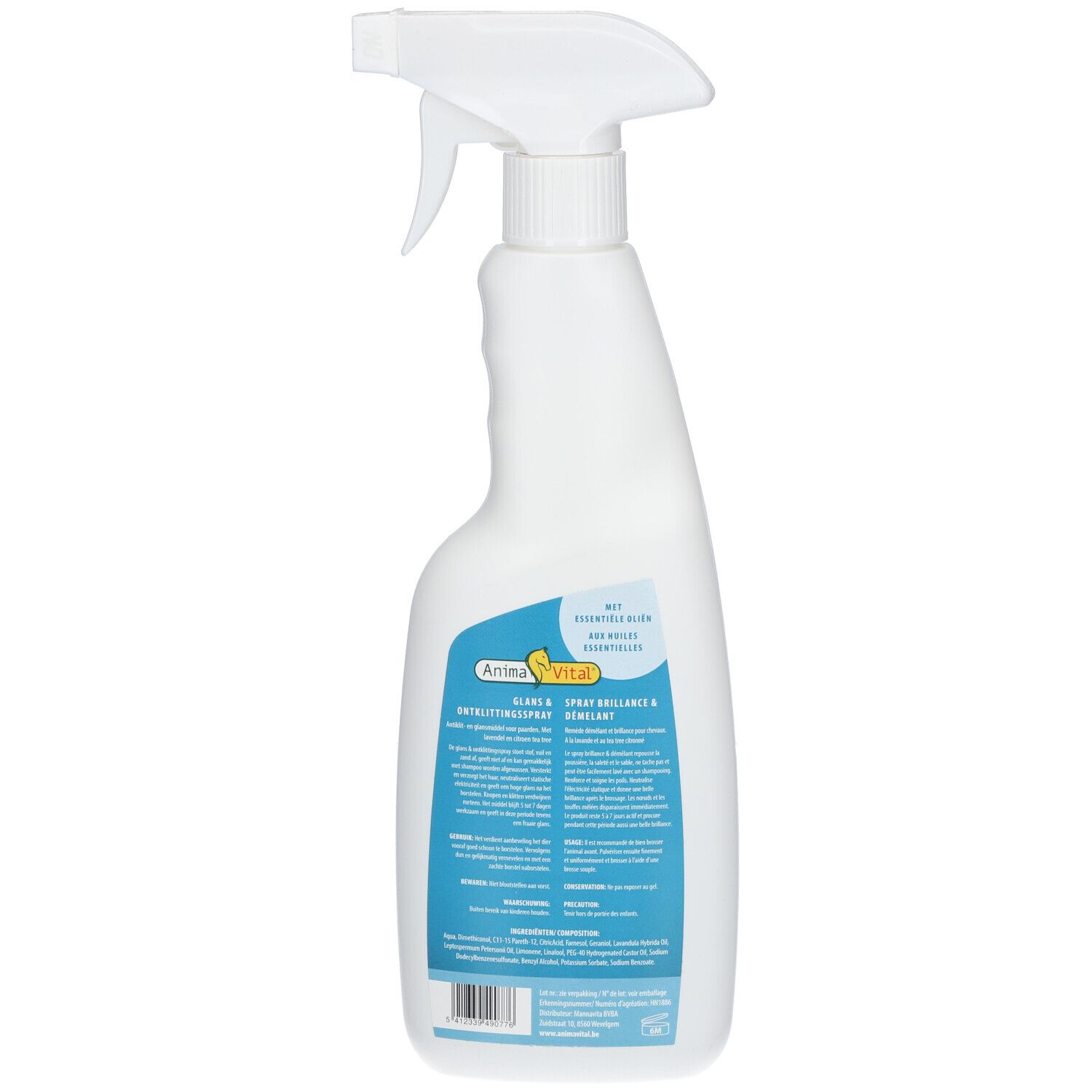 Rückseite der weißen Sprühflasche mit blauem Etikett. Aufschrift: Anima Vital, Glanz & Démêlant Spray. Text und Barcode.