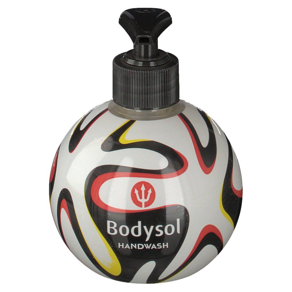 Runde Handseifenflasche mit Fußballmuster und schwarzem Spender. Aufschrift: Bodysol Handwash.