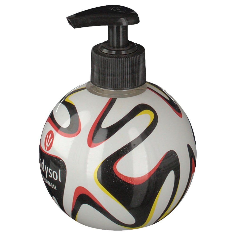 Runde Handseifenflasche mit Fußballmuster und schwarzem Spender. Aufschrift: Bodysol Handwash.