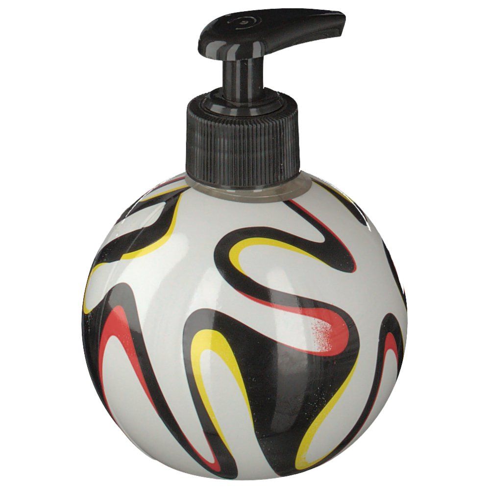 Runde Handseifenflasche mit Fußballmuster und schwarzem Spender.