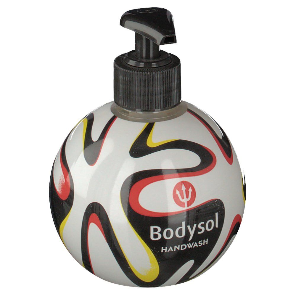 Runde Handseifenflasche mit Fußballmuster und schwarzem Spender. Aufschrift: Bodysol Handwash.