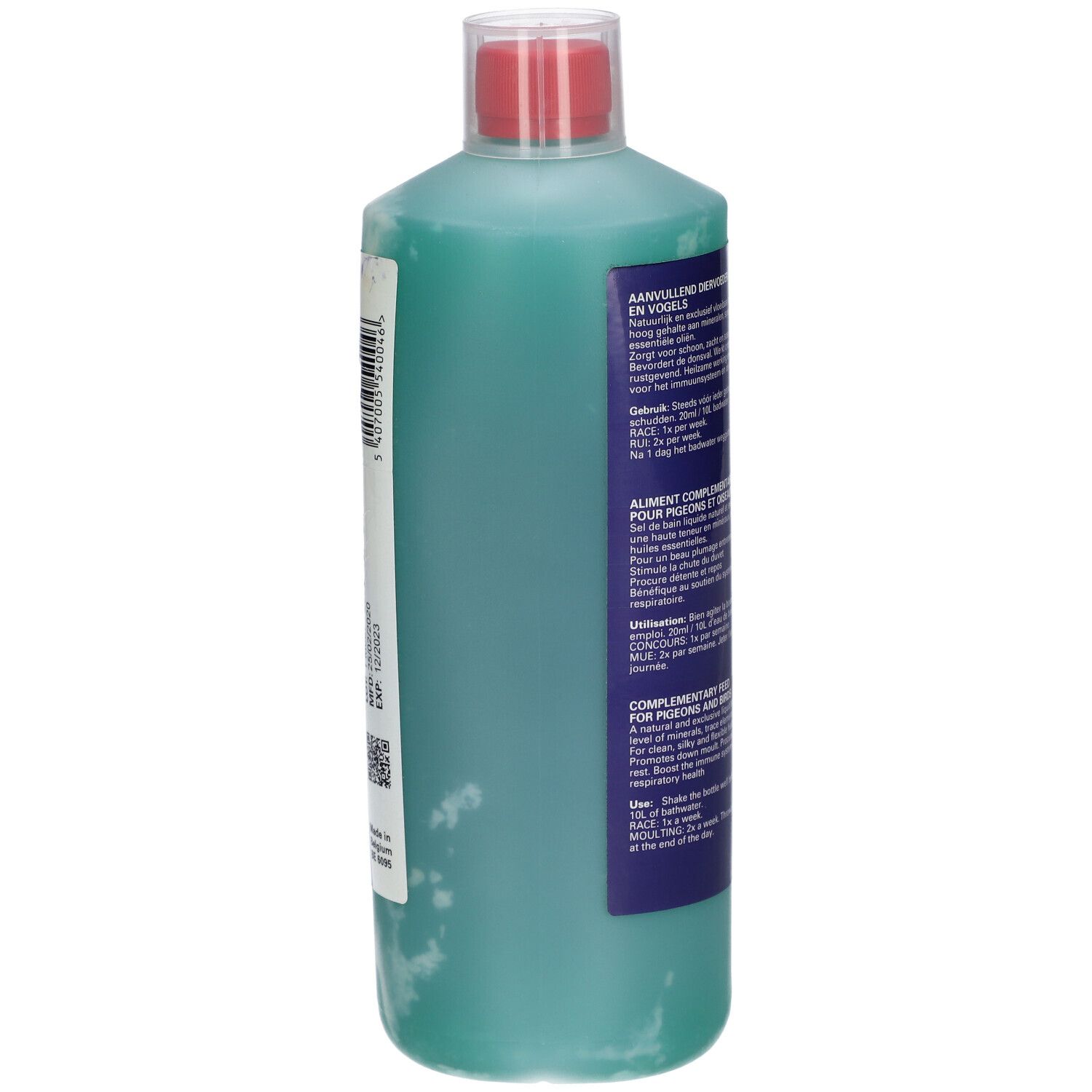 Rückansicht der Flasche mit flüssigem Bad Salz. Etikett mit Text und QR-Code. Roter Deckel.