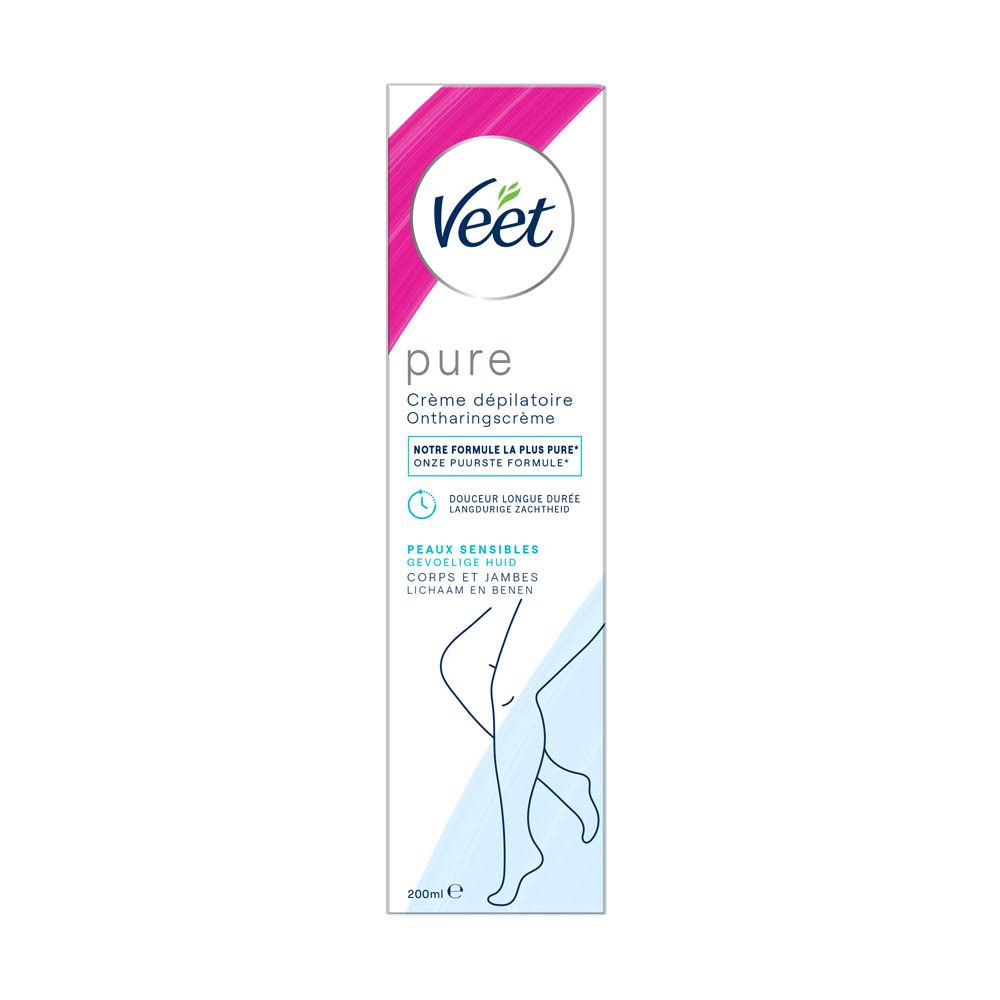 Veet pure Enthaarungscreme. Weiße Tube mit pinkfarbenem Akzent. Produktname und Illustration von Beinen.