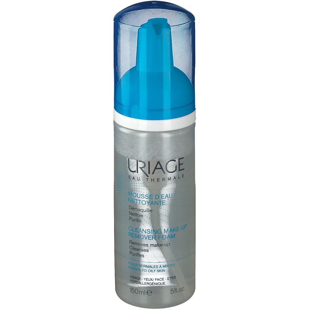 Mousse d'eau nettoyante Uriage. Flacon transparent avec pompe bleue. Inscriptions: Uriage, Mousse d'Eau, Cleansing Make-up Remover Foam.