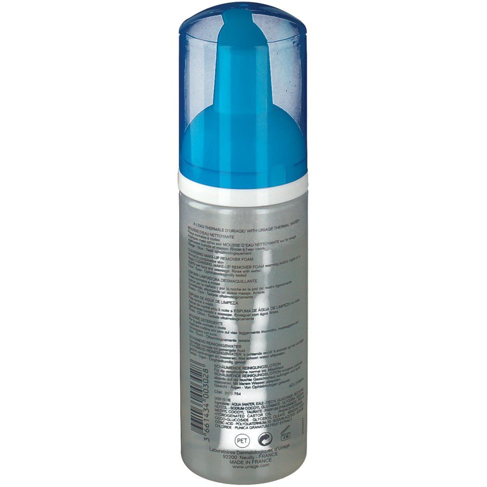 Mousse d'eau nettoyante Uriage. Flacon transparent avec pompe bleue. Dos avec texte. Inscriptions: Uriage, Mousse d'Eau, Cleansing Make-up Remover Foam.