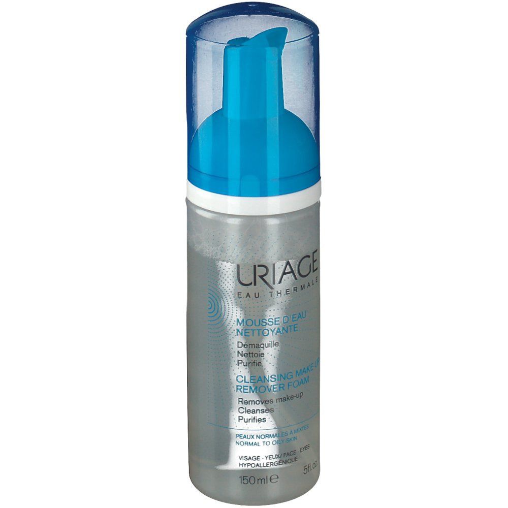 Mousse d'eau nettoyante Uriage. Flacon transparent avec pompe bleue. Inscriptions: Uriage, Mousse d'Eau, Cleansing Make-up Remover Foam. 150ml.