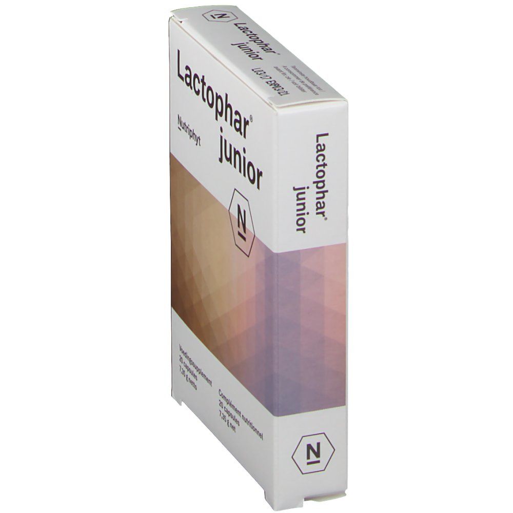 Schrägansicht der Lactophar junior Verpackung. Aufschrift Lactophar junior und Nutriphyt.