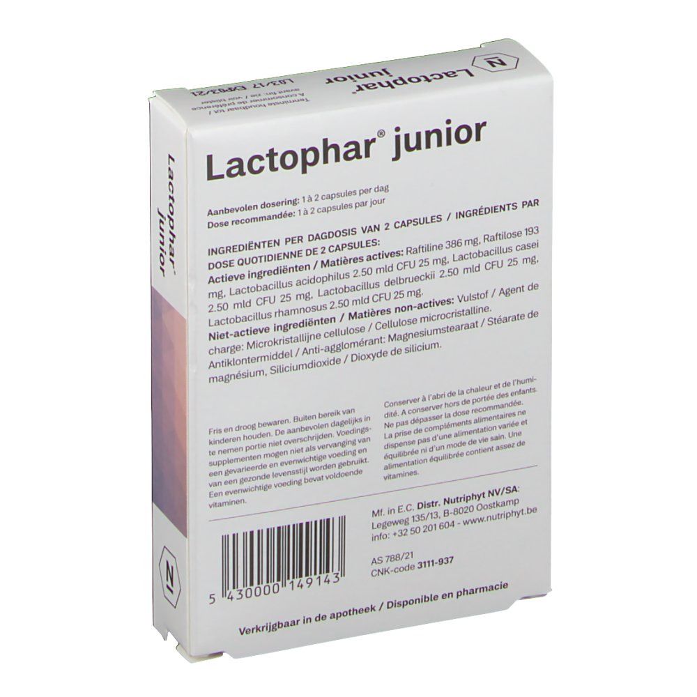 Rückseite der Lactophar junior Verpackung. Enthält Informationen zu Inhaltsstoffen und Dosierung.