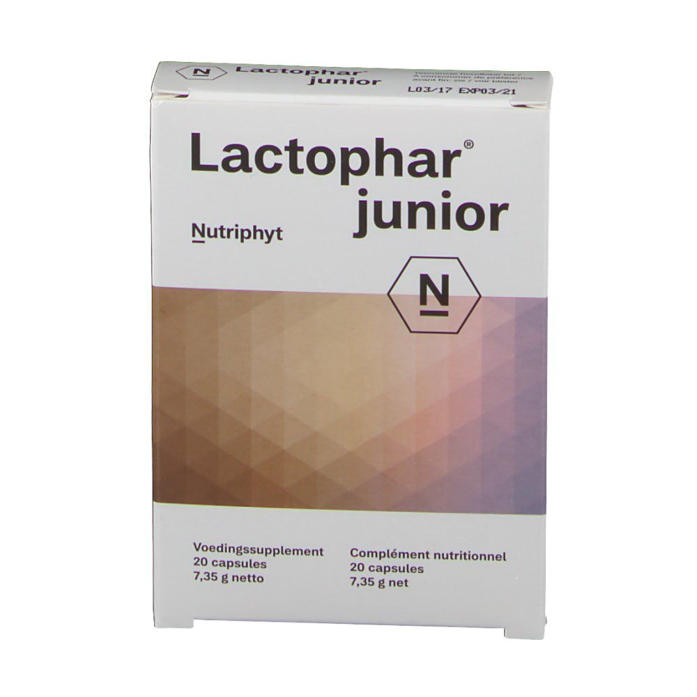 Vorderansicht der Lactophar junior Verpackung. Enthält 20 Kapseln. Marke Nutriphyt.