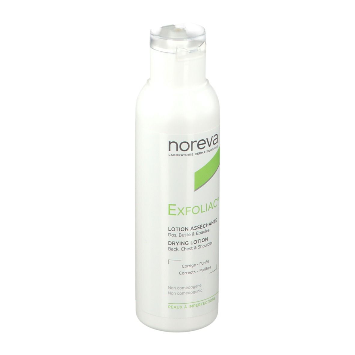 Flacon blanc avec étiquette verte. Inscription: Noreva Exfoliac Lotion asséchante. Pour dos, poitrine et épaules.