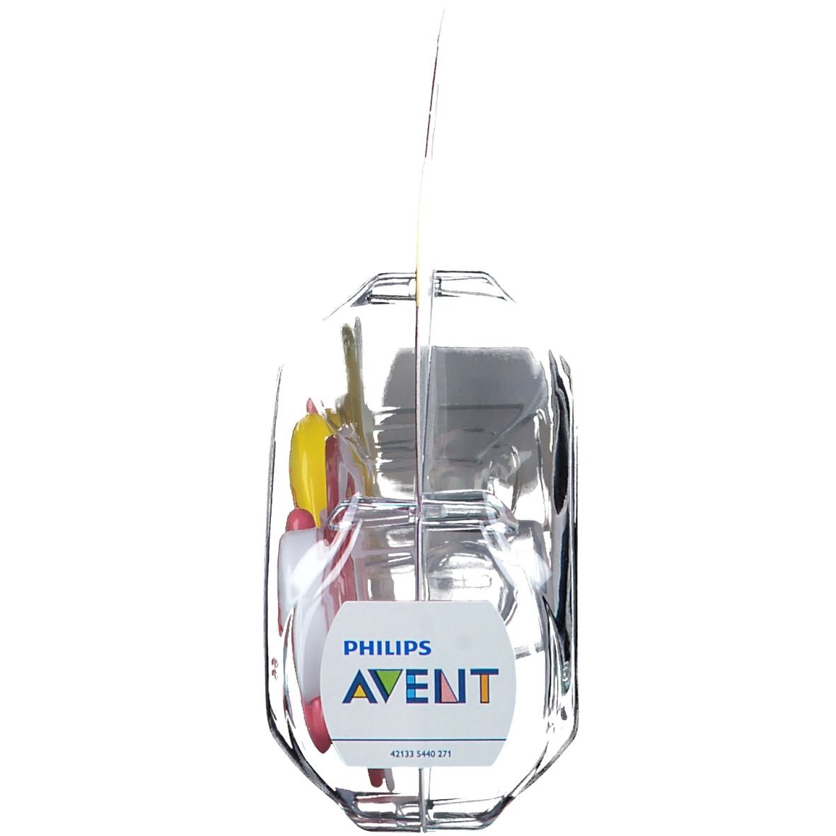 Verpackung mit zwei Schnullern. Philips AVENT Logo. Transparente Kunststoffverpackung mit Aufhänger.