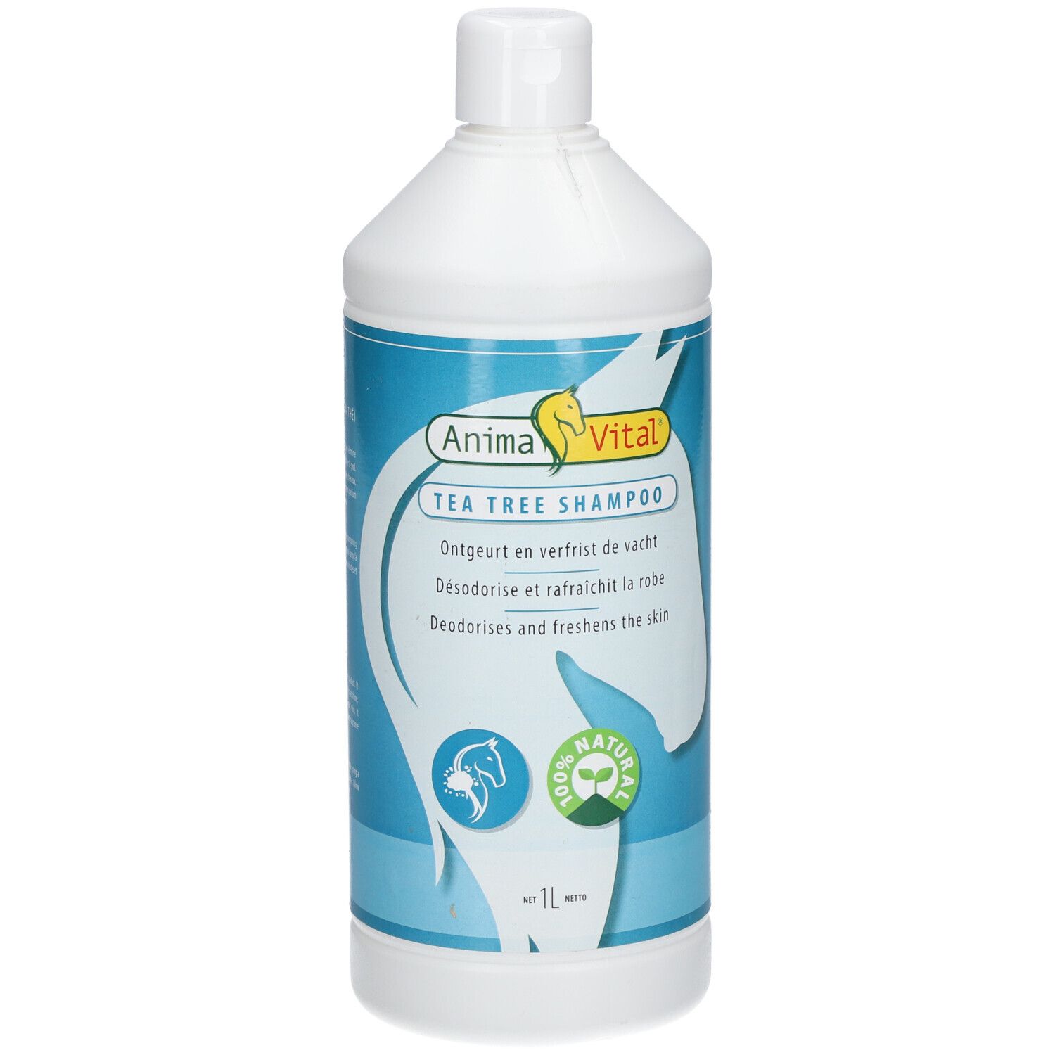 Weiße Flasche mit blauem Etikett. Aufschrift: Tea Tree Shampoo. Logo: Anima Vital. 1L. 100% Natural.