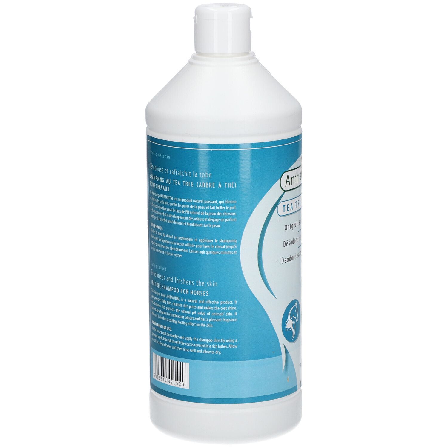 Rückseite einer weißen Flasche mit blauem Etikett. Text: Tea Tree Shampoo für Pferde. Inhaltsstoffe und Anwendungshinweise.
