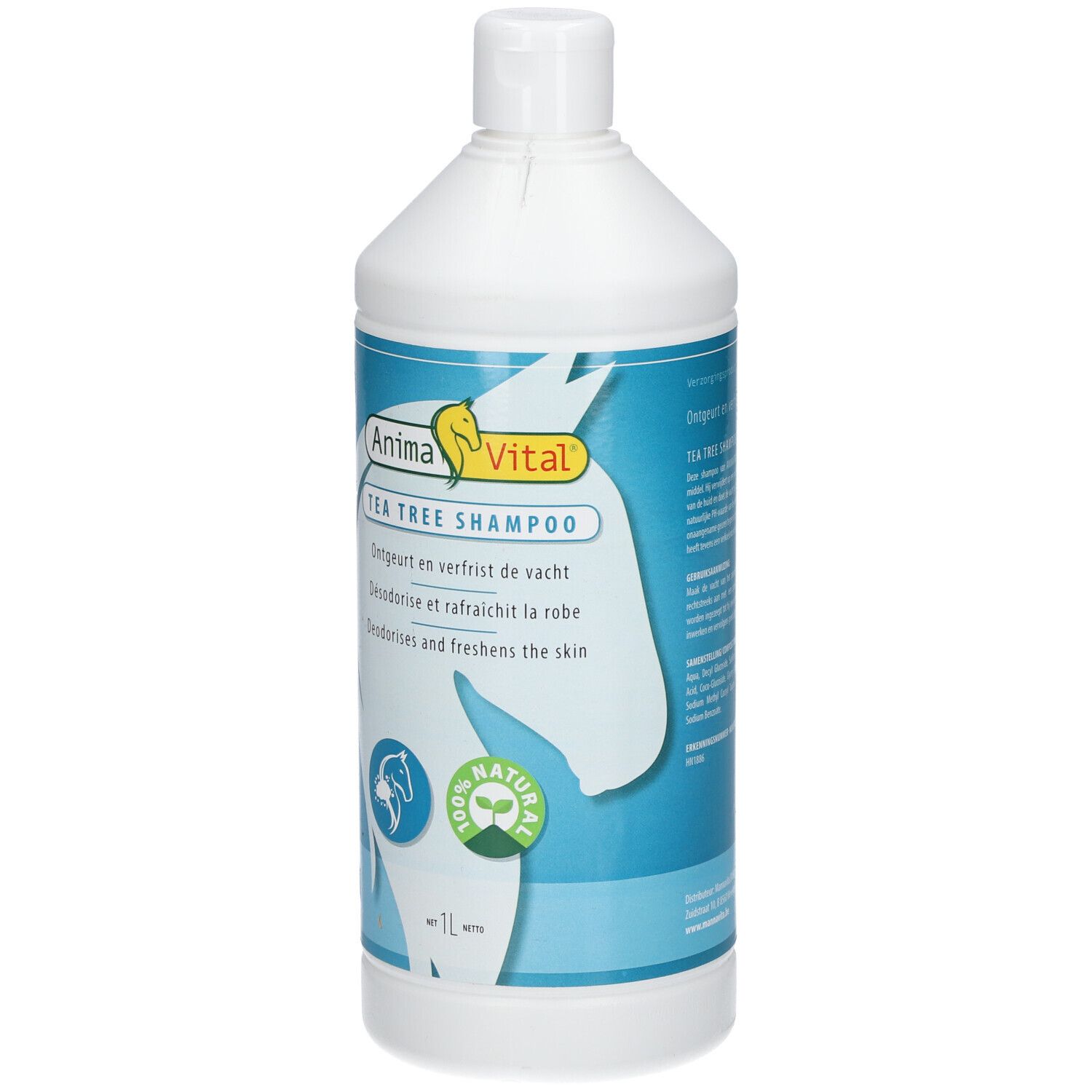 Weiße Flasche mit blauem Etikett. Aufschrift: Tea Tree Shampoo. Logo: Anima Vital. 1L. 100% Natural.