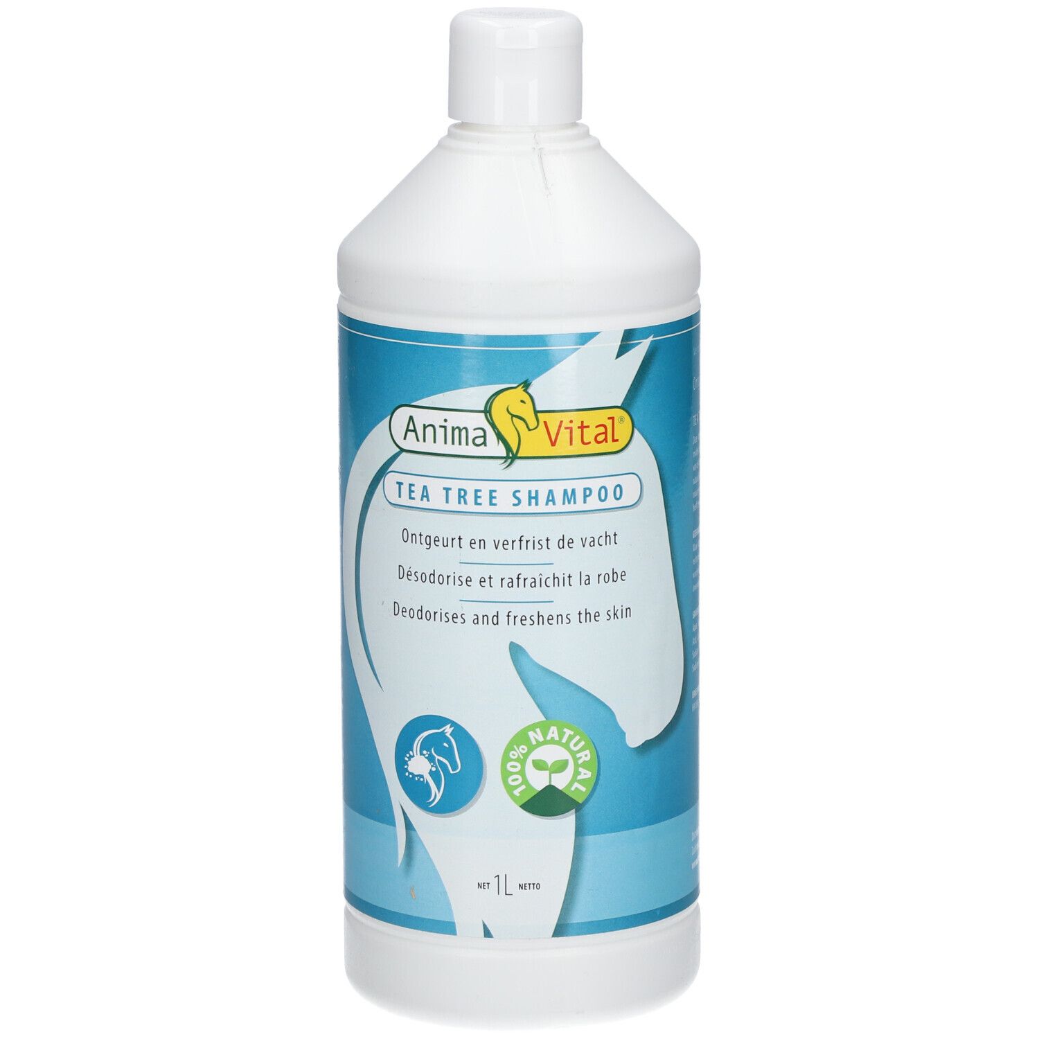 Weiße Flasche mit blauem Etikett. Aufschrift: Tea Tree Shampoo. Logo: Anima Vital. 1L. 100% Natural.