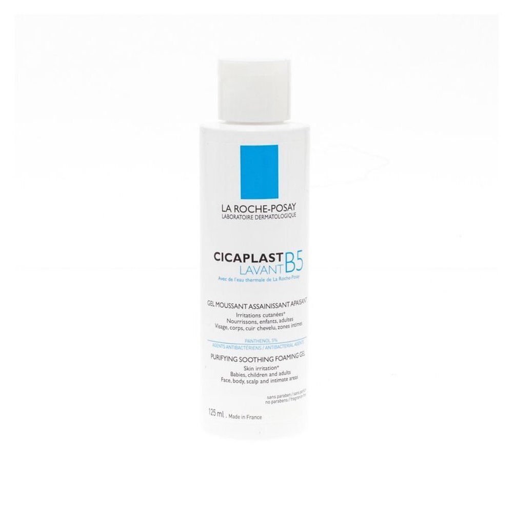 Flacon blanc avec carré bleu et texte. Inscription : LA ROCHE-POSAY, CICAPLAST LAVANT B5. Gel pour irritations cutanées.