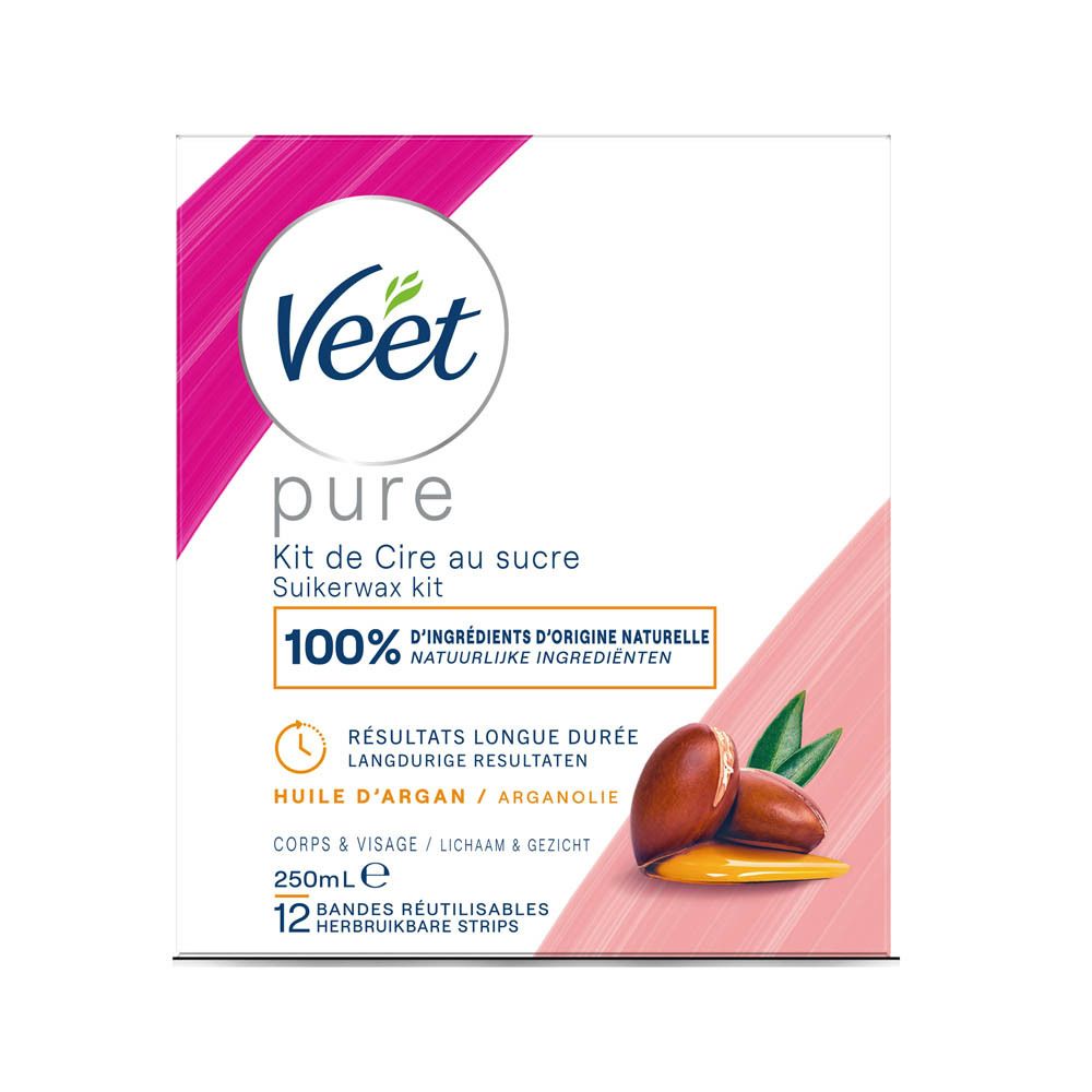Veet Minima™ Heißwachs mit Zucker und Arganöl. Rosa-weiße Verpackung. Produktbild und Text.