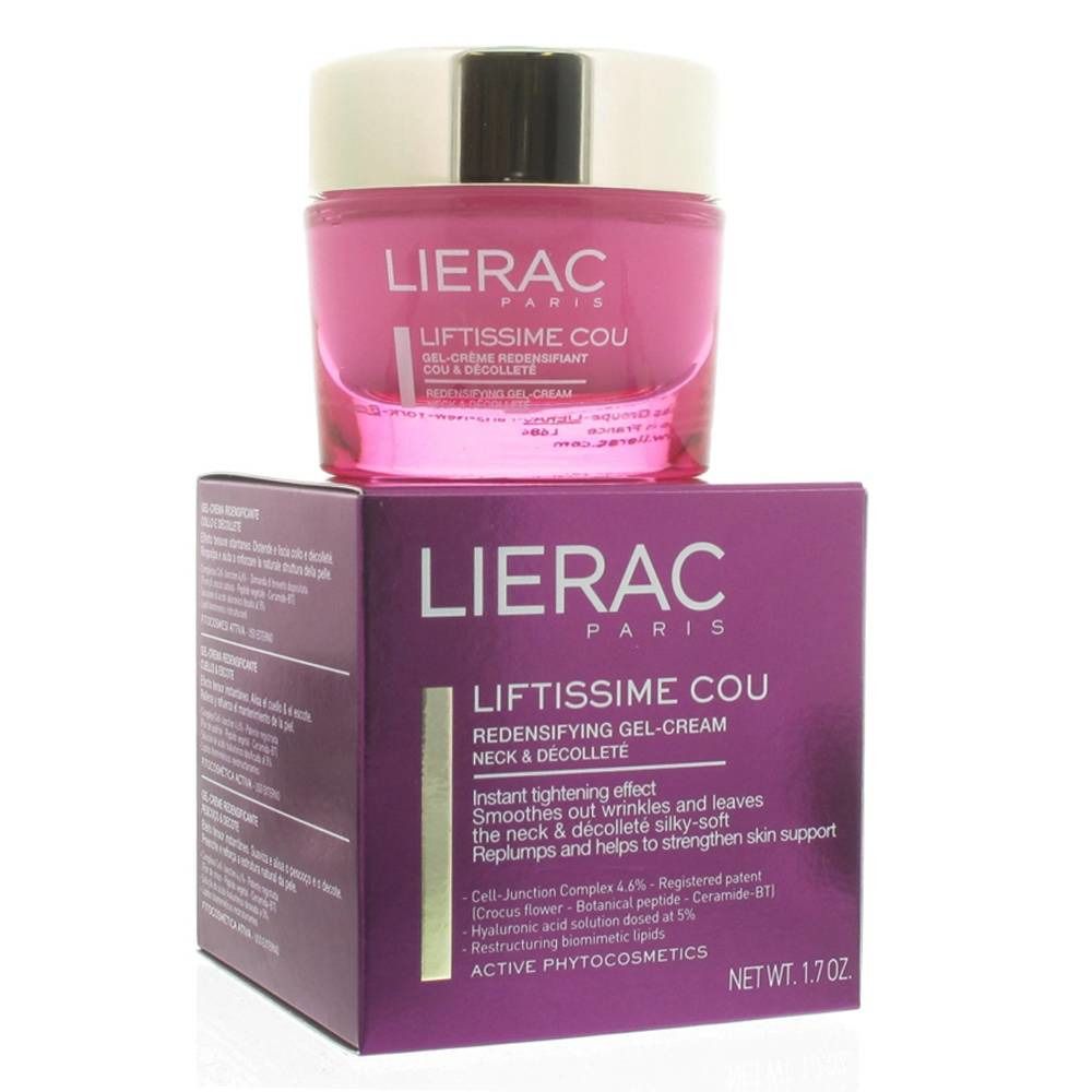 Rosa Creme-Glas mit goldfarbenem Deckel auf einer lila Schachtel. Auf der Schachtel steht "LIERAC PARIS LIFTISSIME COU".