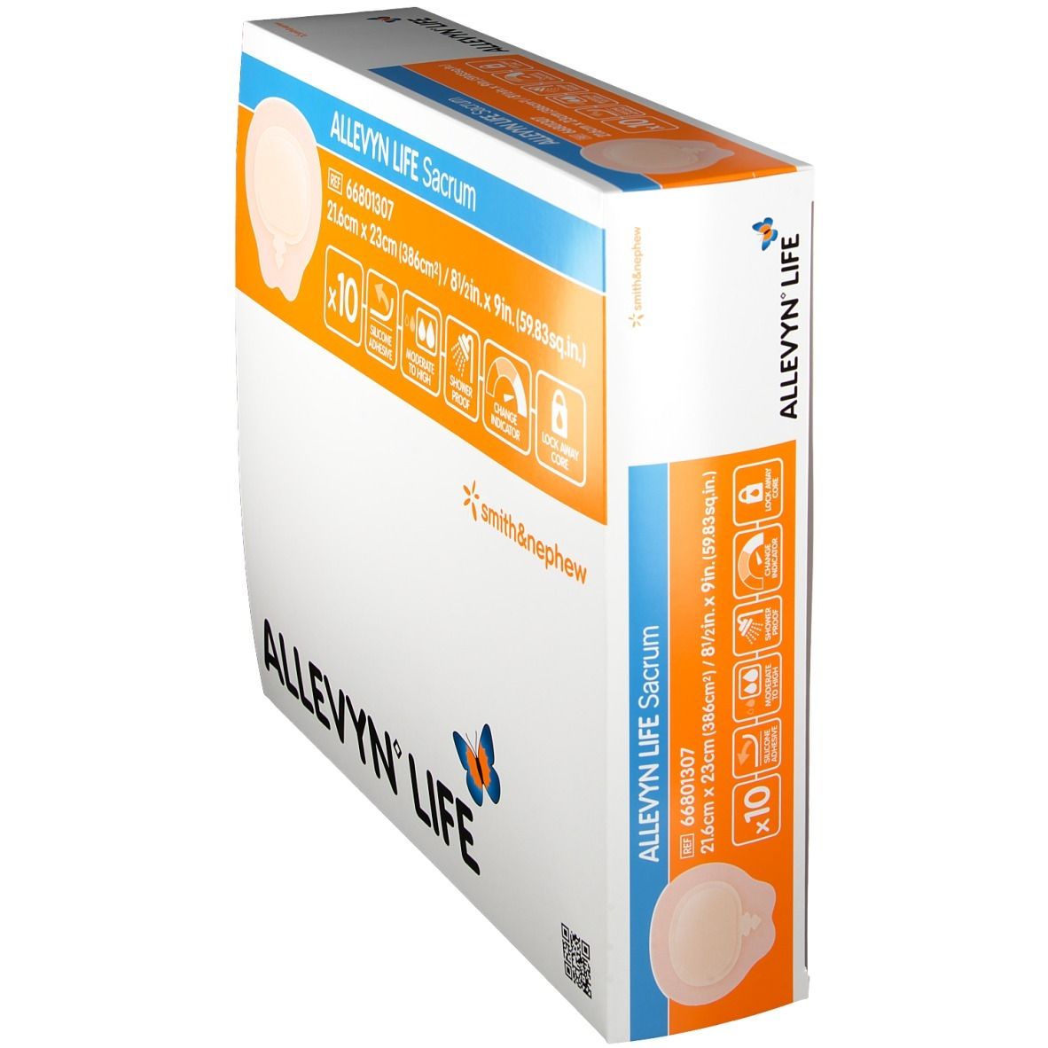 Vue oblique de la boîte Allevyn Life Sacrum. Pansement 21,6 x 23 cm. Marque Smith & Nephew. Détails sur la boîte.