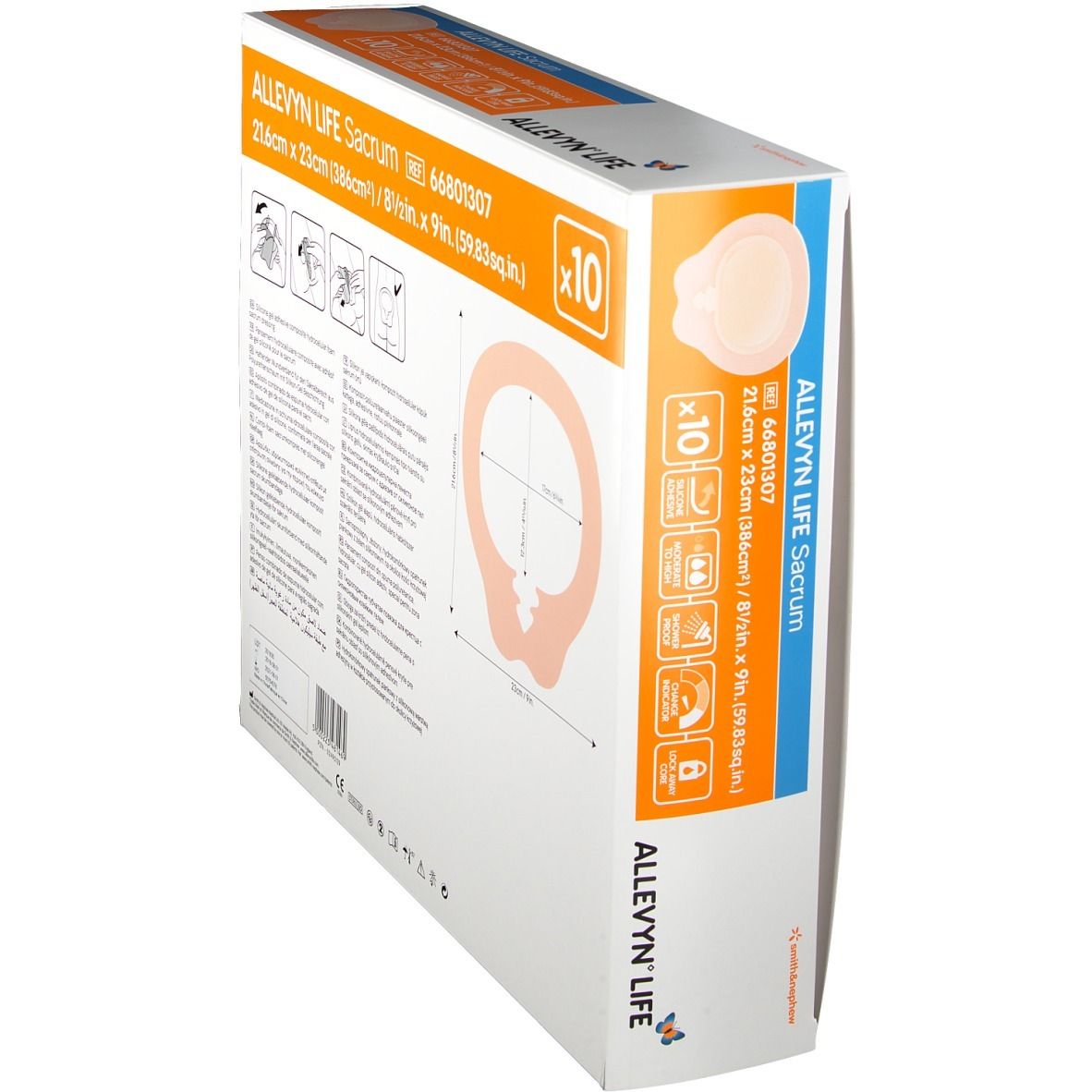 Vue oblique de la boîte Allevyn Life Sacrum. Exemples d'utilisation et informations produit. Dimensions 21,6 x 23 cm.