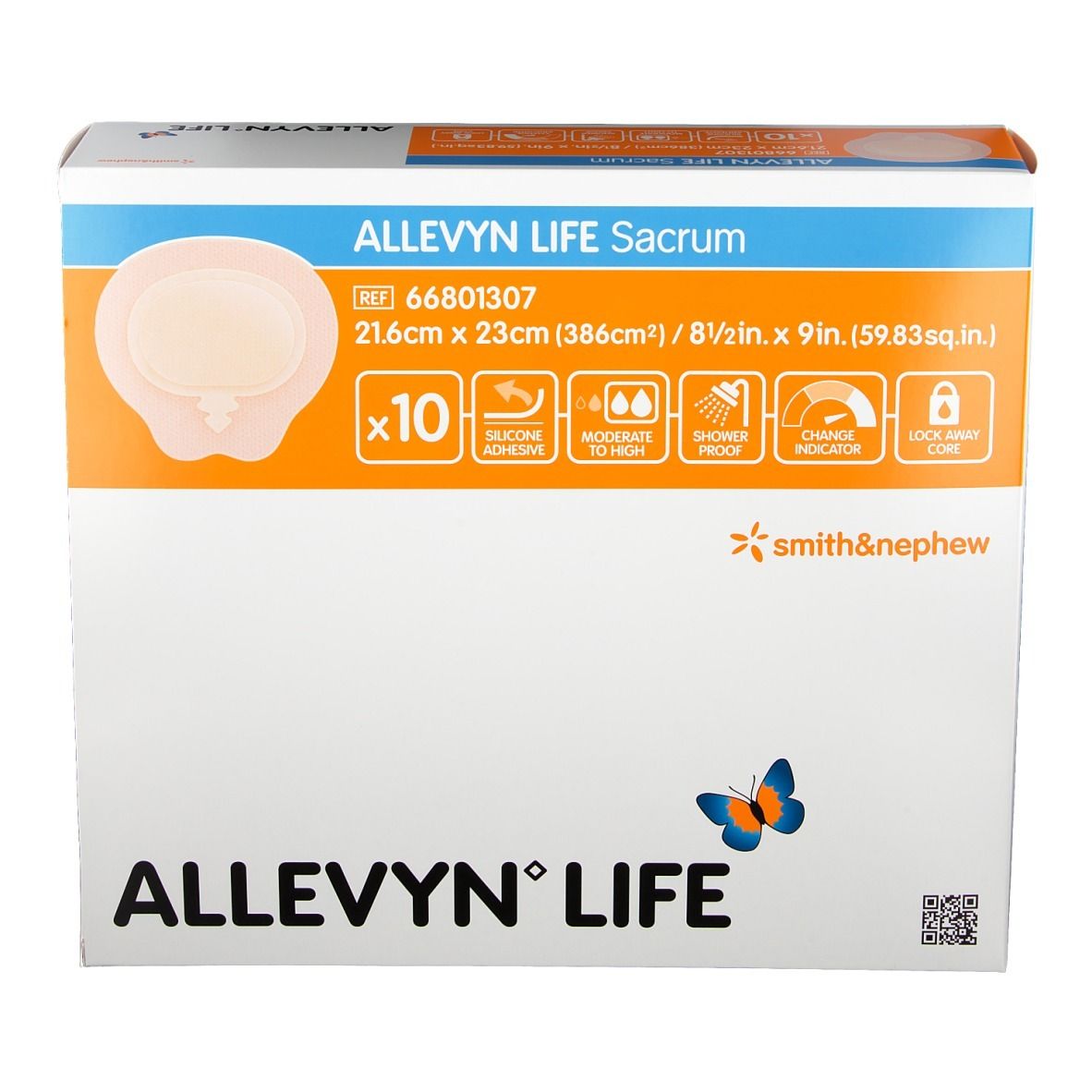Boîte Allevyn Life Sacrum. Pansement 21,6 x 23 cm. Contient 10 pièces. Marque Smith & Nephew. Indications sur la boîte.