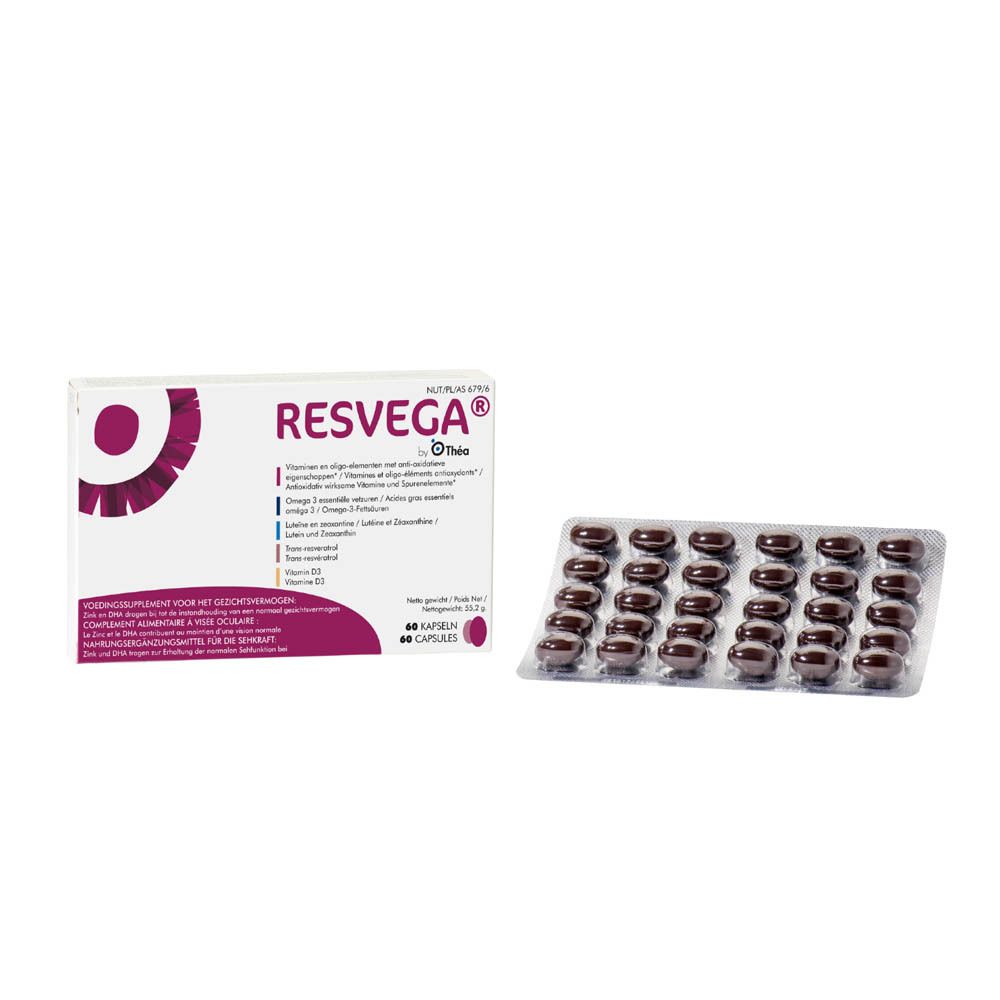 Boîte de RESVEGA® et plaquette de gélules. 60 gélules. Marque : Thea.