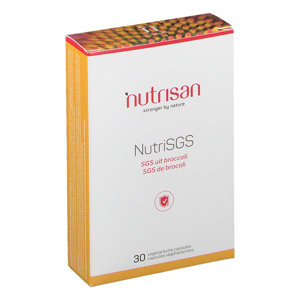 Kartonverpackung mit Produktnamen NutriSGS. Aufschrift: SGS uit broccoli, SGS de broccoli. 30 vegetarische Kapseln. Marke: nutrisan.