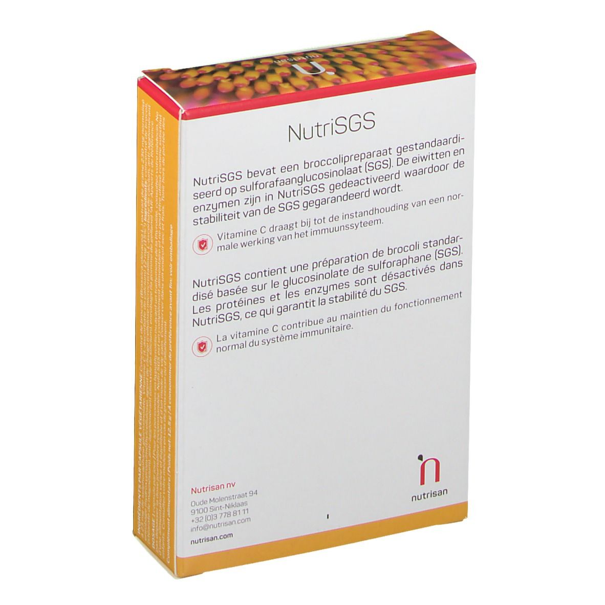 Rückseite der NutriSGS-Verpackung. Text in Niederländisch. Marke: nutrisan. Logo. Enthält Informationen über das Produkt und seine Inhaltsstoffe.