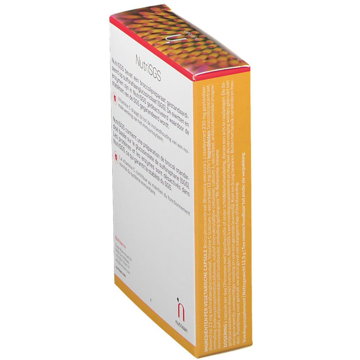 NutriSGS-Verpackung. Text in Niederländisch. Marke: nutrisan. Enthält Informationen über das Produkt und seine Inhaltsstoffe. Ansicht von der Seite.