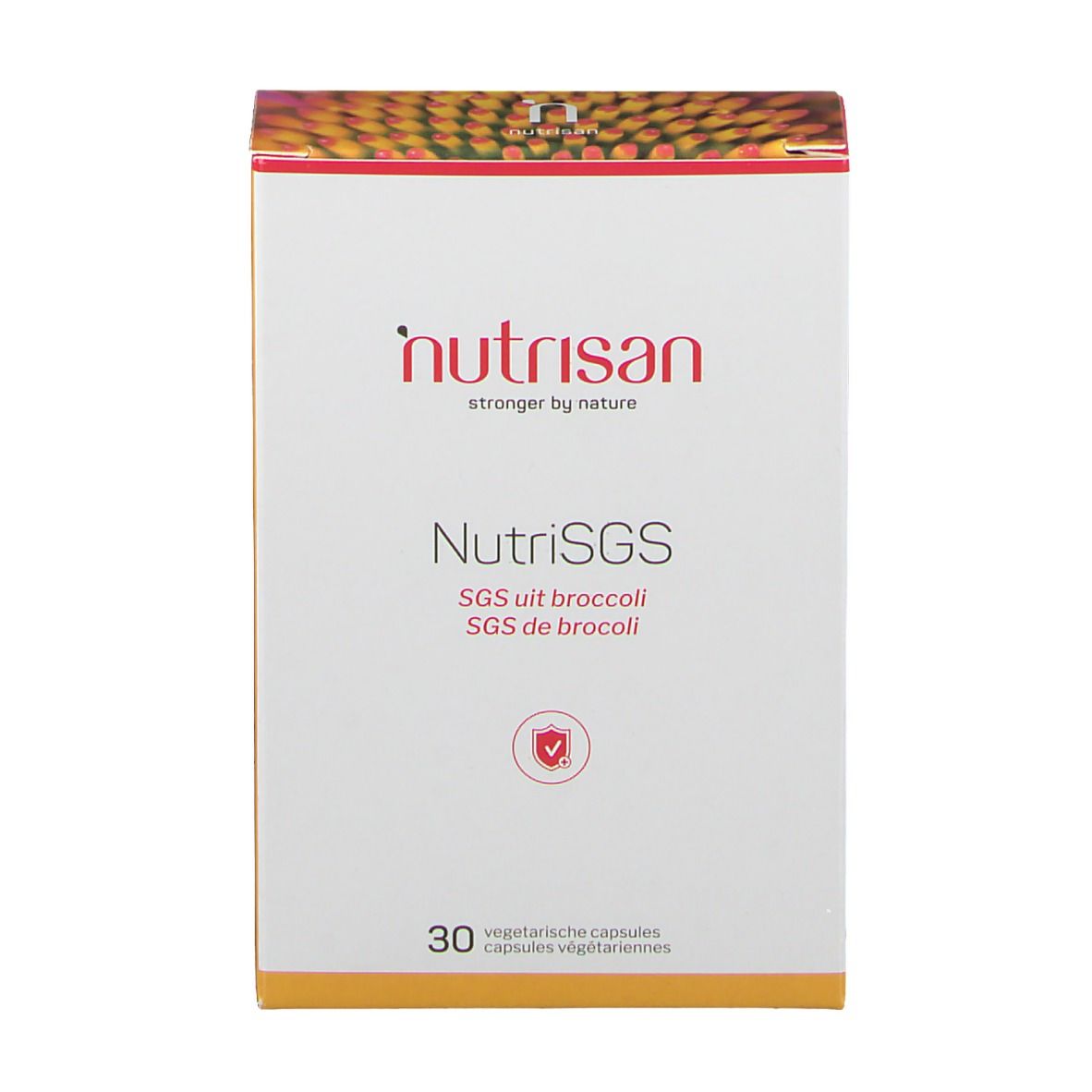Kartonverpackung NutriSGS. Aufschrift: SGS uit broccoli, SGS de broccoli. 30 vegetarische Kapseln. Marke: nutrisan. Logo.
