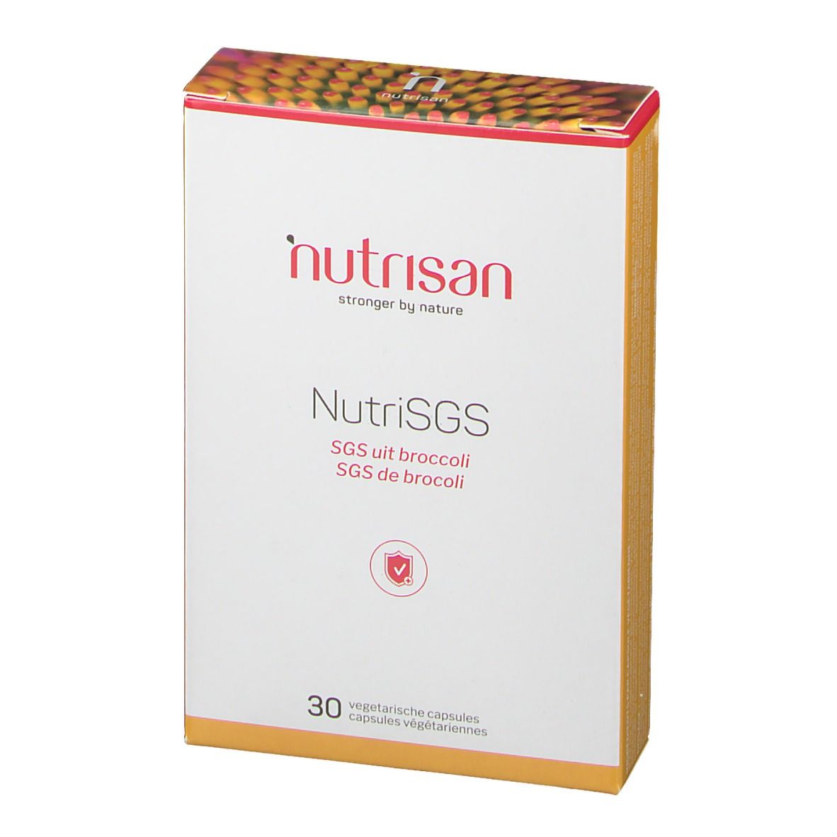 Kartonverpackung NutriSGS. Aufschrift: SGS uit broccoli, SGS de broccoli. 30 vegetarische Kapseln. Marke: nutrisan. Logo.