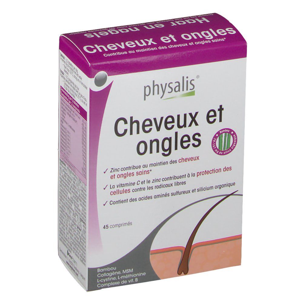 Schachtel mit Produktnamen und Logo. Text in Französisch. 45 Tabletten. Illustration von Haar und Haut.