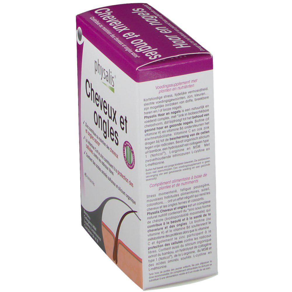 Schachtel, schräg von der Seite. Produktname und Logo. Text in Französisch und Niederländisch. Illustration von Haar und Haut.