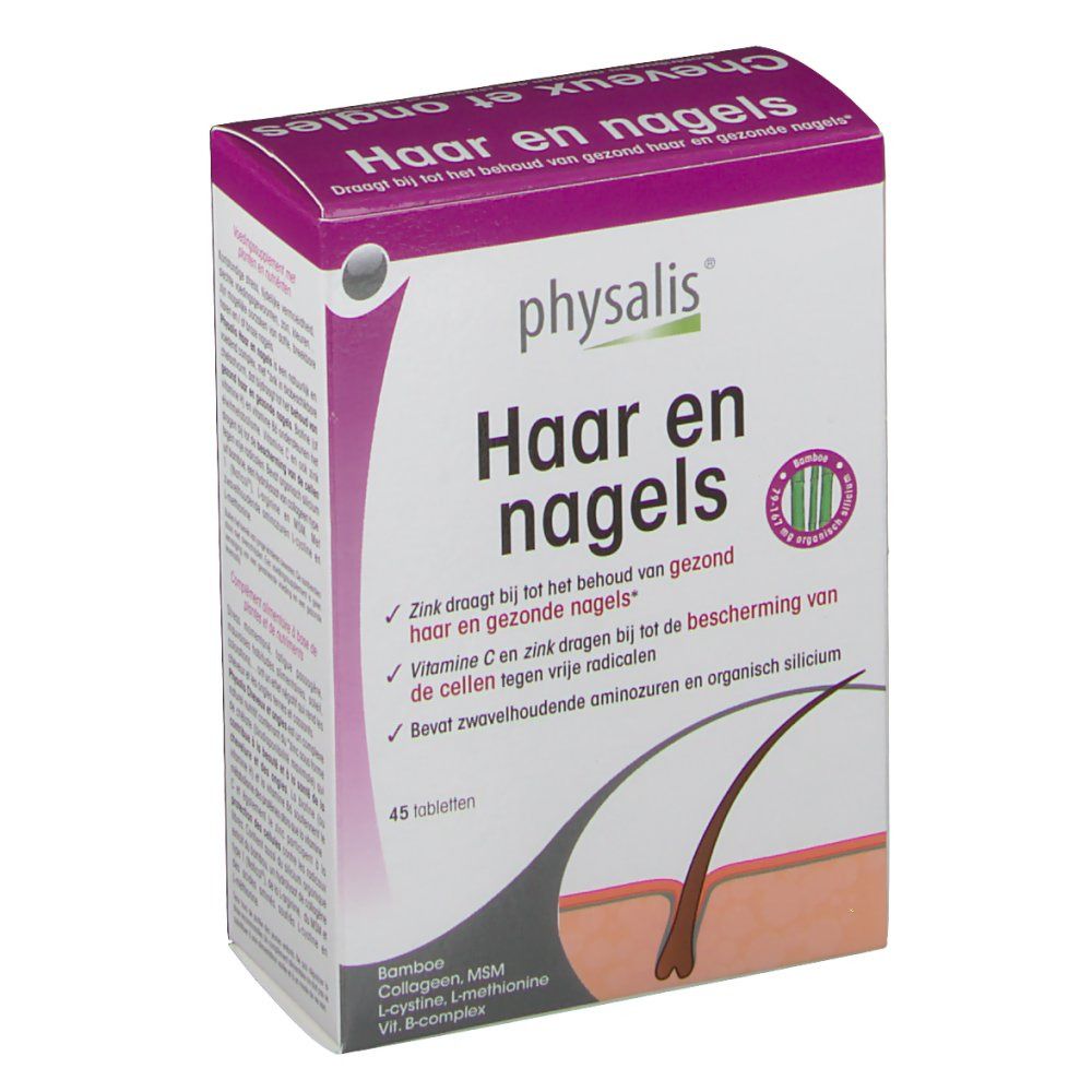 Schachtel mit Produktnamen und Logo. Text in Niederländisch. 45 Tabletten. Illustration von Haar und Haut.