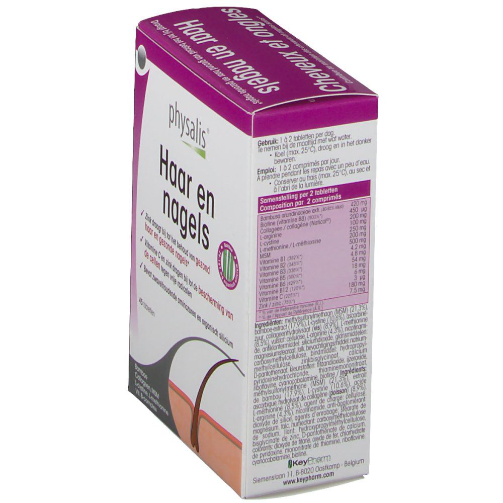 Schachtel, schräg von der Seite. Produktname und Logo. Text in Niederländisch. Nährwerttabelle. Illustration von Haar und Haut.