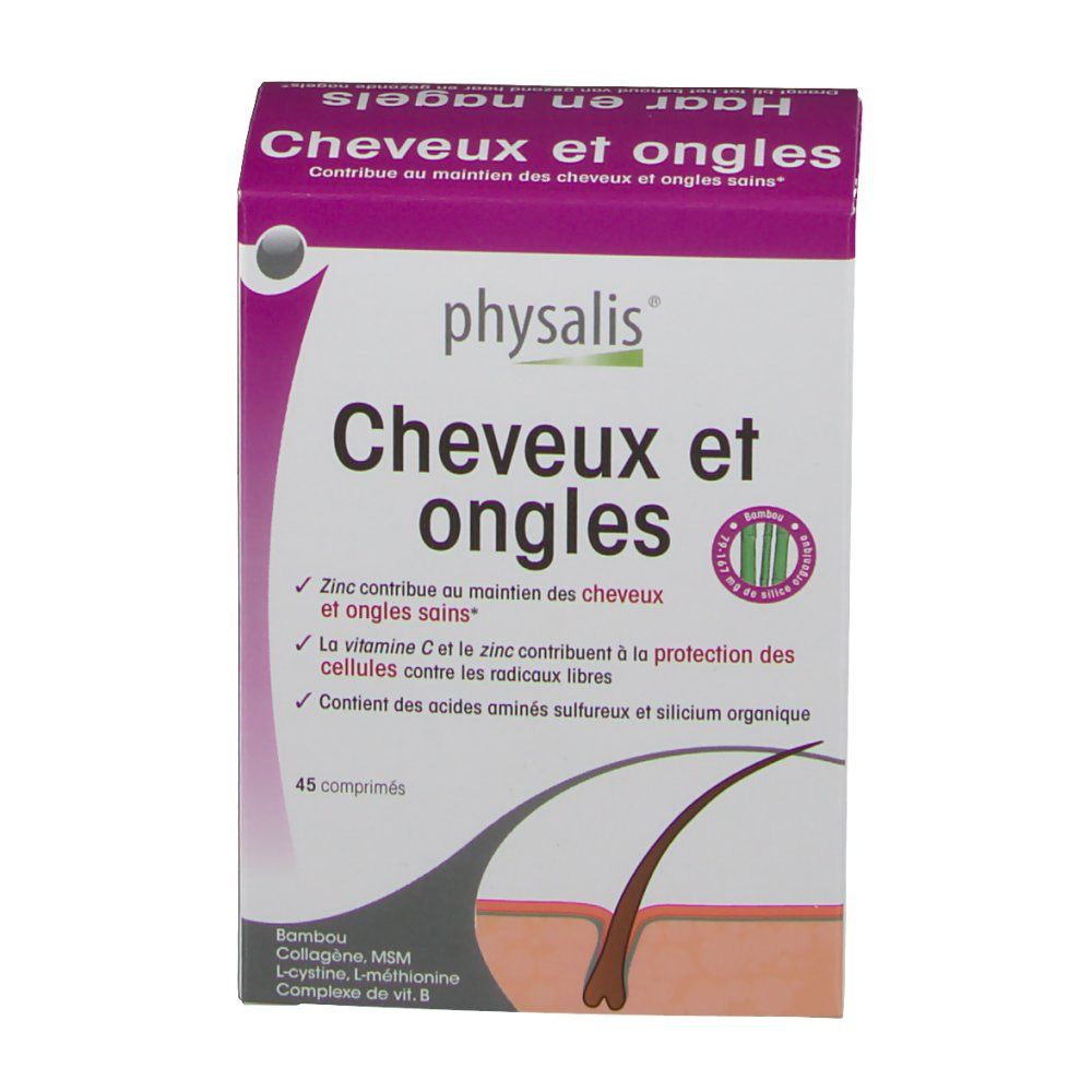 Schachtel mit Produktnamen und Logo. Text in Französisch. 45 Tabletten. Illustration von Haar und Haut.