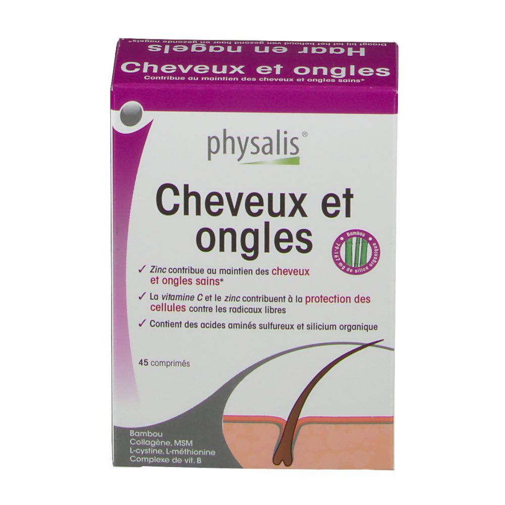 Schachtel mit Produktnamen und Logo. Text in Französisch. 45 Tabletten. Illustration von Haar und Haut.